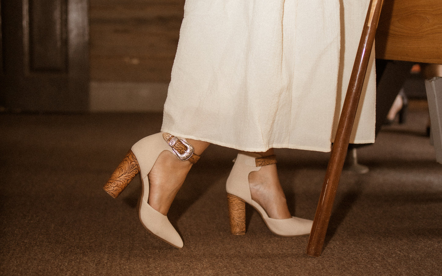 Nude Suede Closed Toe Heel With Buckle