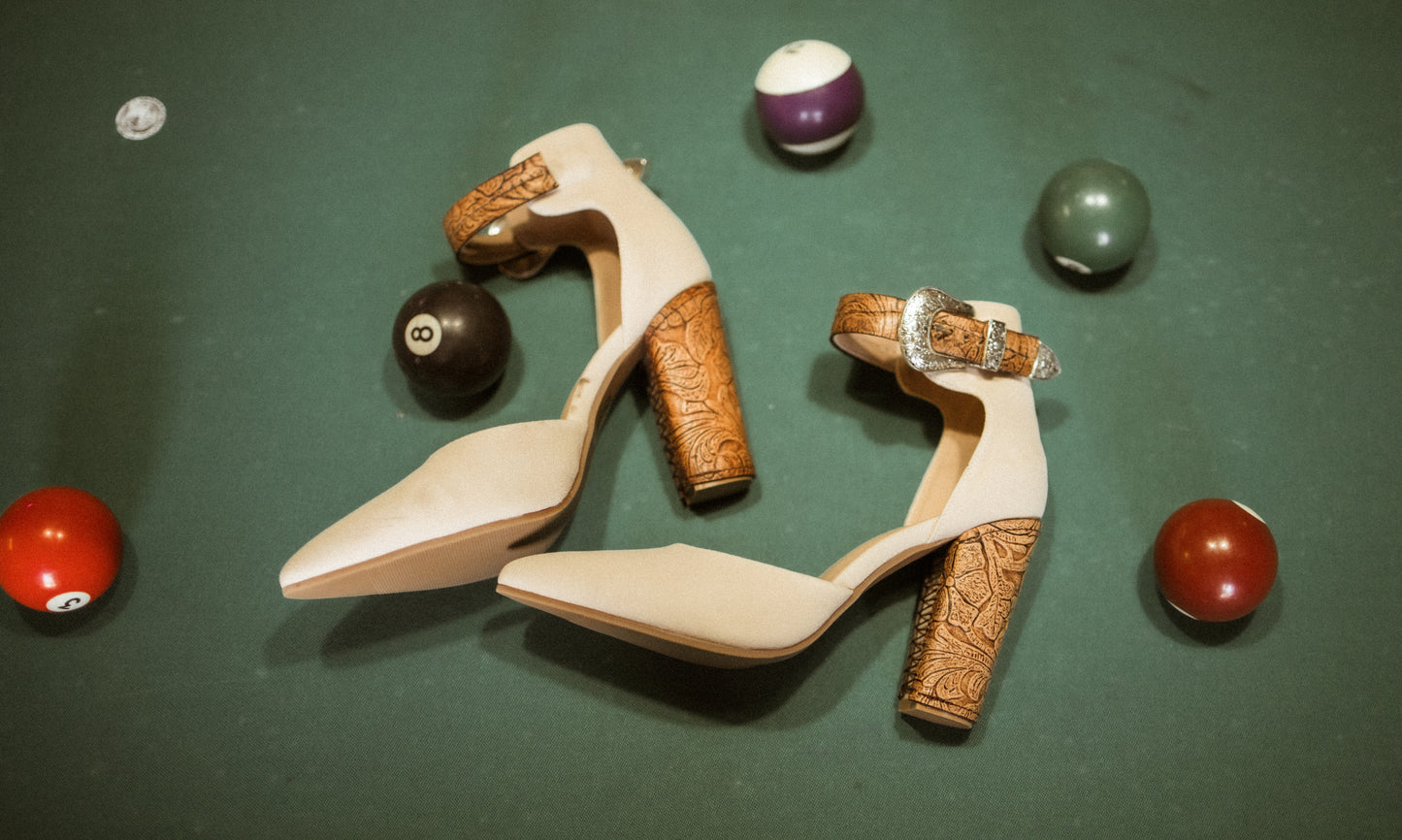 Nude Suede Closed Toe Heel With Buckle