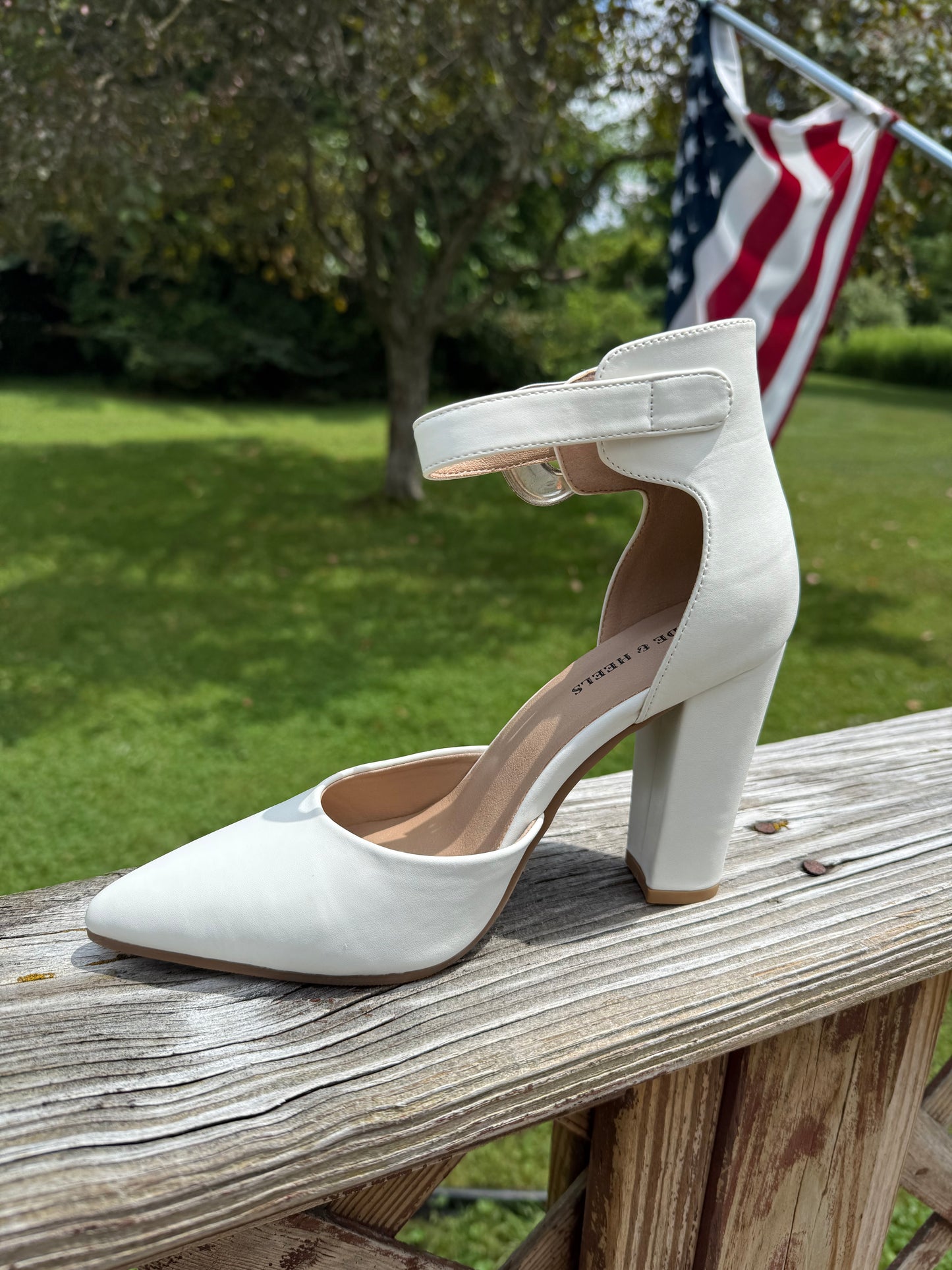 WHITE Closed toe heel with buckle no leather just as pictured!