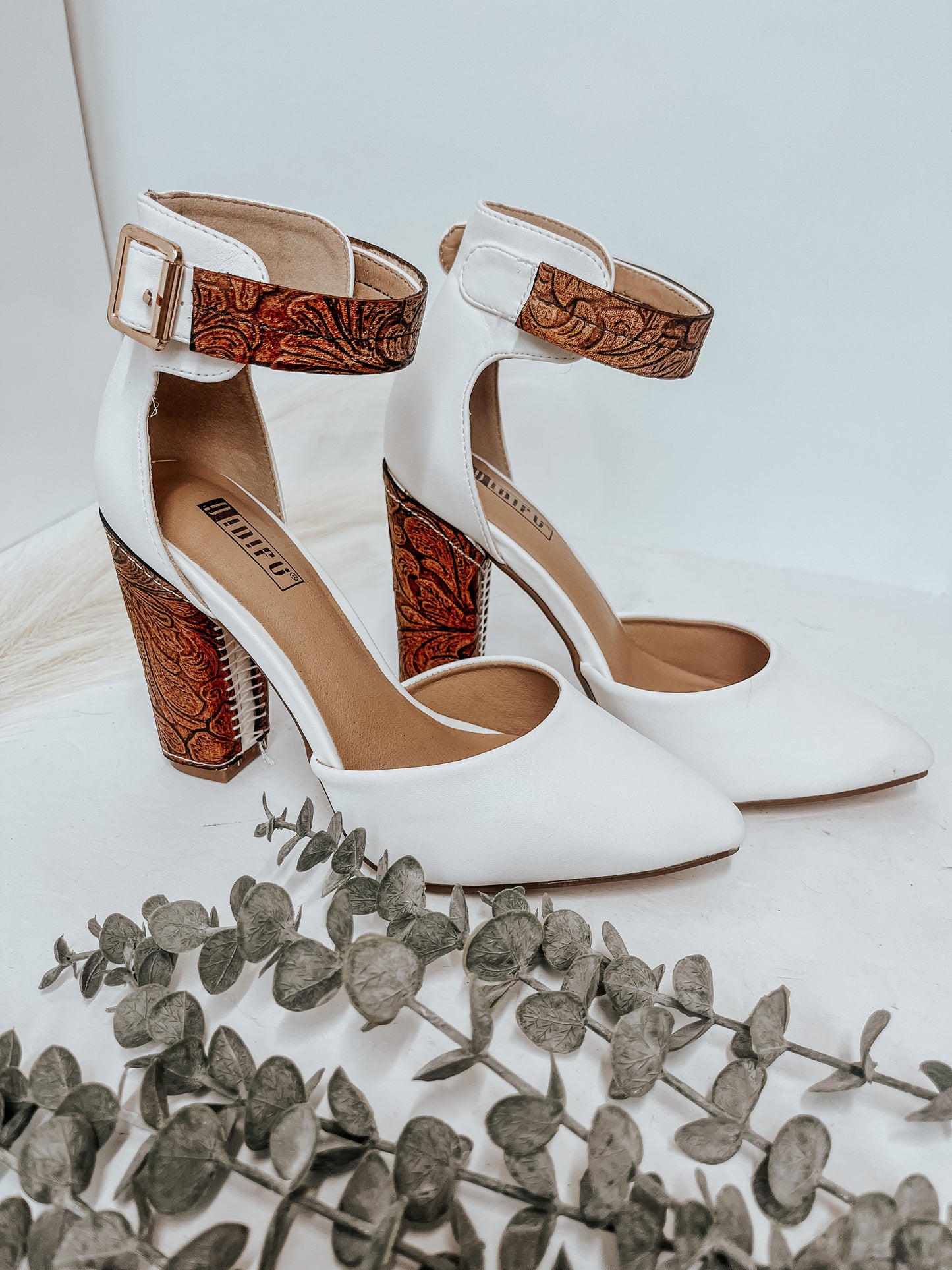 White closed toe heels