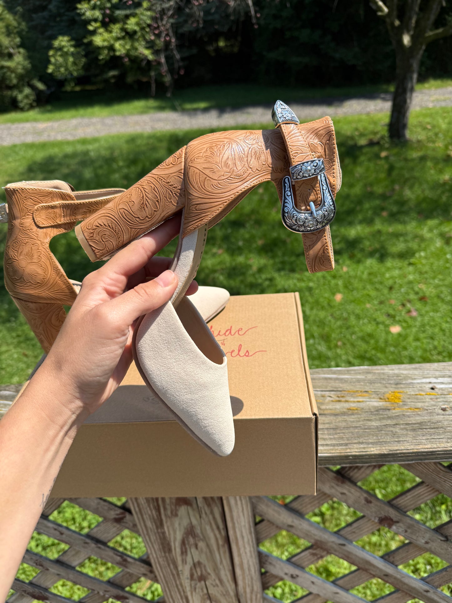 New embossed closed toe heels