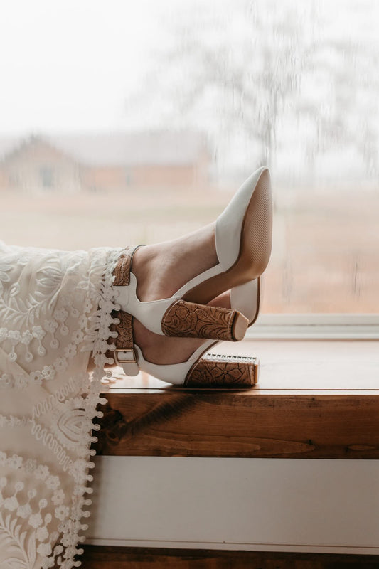 White closed toe heels