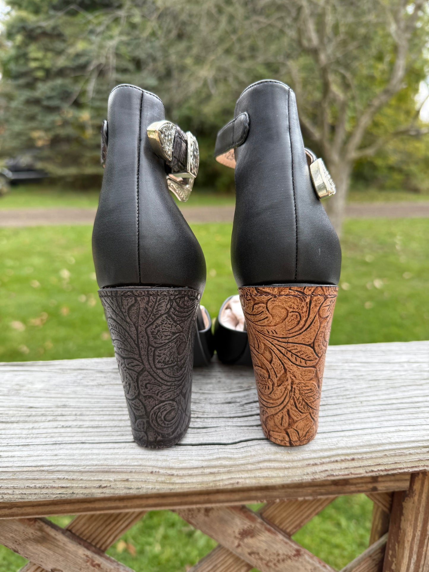 Black Closed Toe Heels With Buckle With Leather