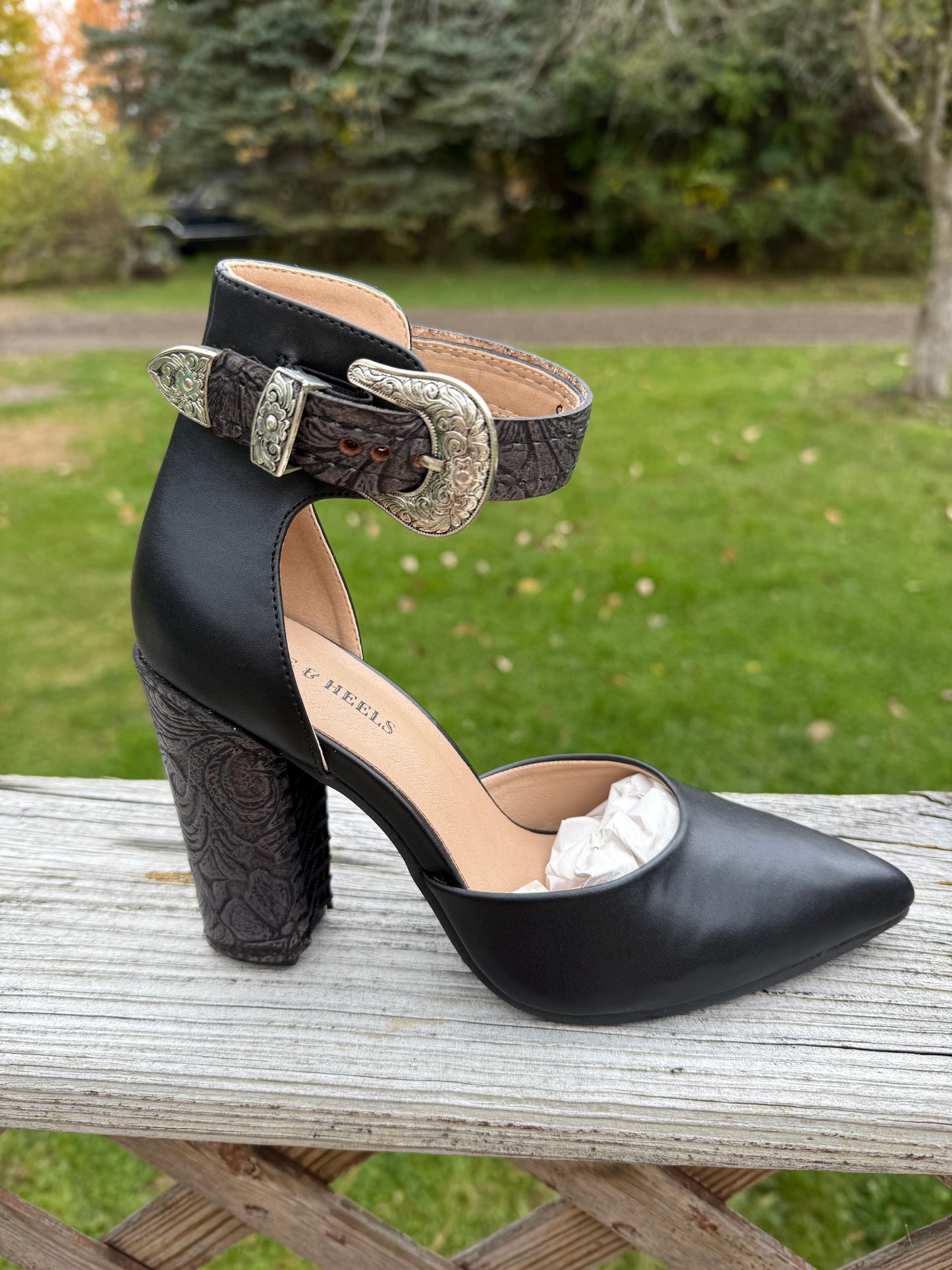 Black Closed Toe Heels With Buckle With Leather